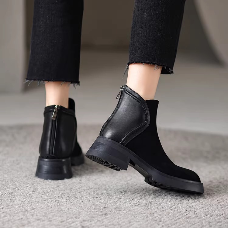 复古磨砂短靴女粗跟马丁靴女款2024新款圆头厚底秋冬加绒靴子 - 图2