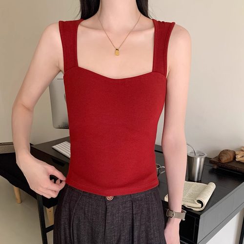 韩系方领吊带背心女秋冬黑色宽肩带显瘦遮副乳带胸垫抹胸打底上衣 - 图3