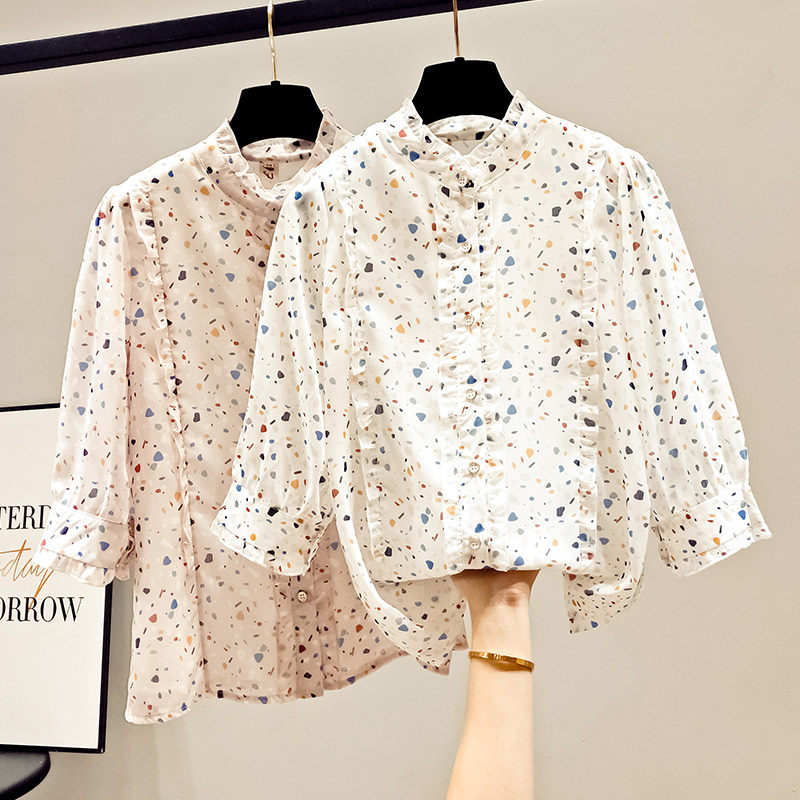 夏季2020年新款雪纺短袖碎花衬衫 saronala莎欧娜拉蕾丝衫/雪纺衫