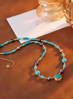 2025新款原创设计新中式复古绿松吊坠项链曼塔玫瑰紫色珍珠毛衣链