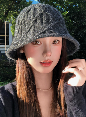 灰色菱形格子针织渔夫帽女秋冬