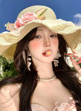 田园风蕾丝花朵草帽女夏法式海边