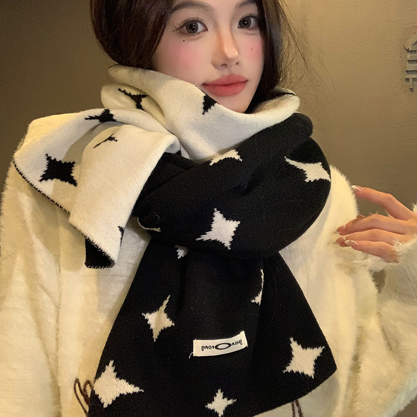 双面星星仿羊绒加厚针织围巾女秋冬季保暖韩系氛围感防寒披肩围脖,淘宝优惠券,粉丝福利购,淘宝优惠卷