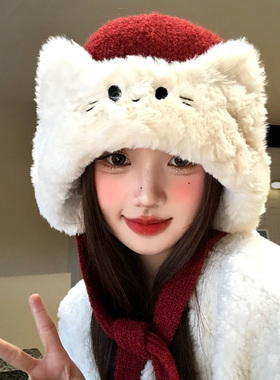 红色可爱猫咪绑带加绒针织毛线帽