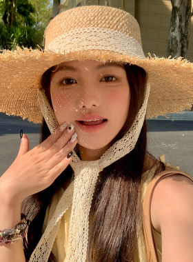 法式蕾丝平顶拉菲草帽女2026年春