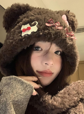 可爱小熊耳朵猫咪蝴蝶结毛绒帽女