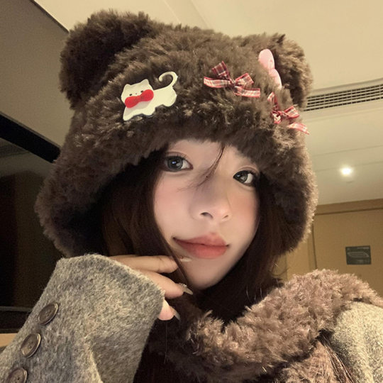 Cute bear ears cat bow plush hat for women