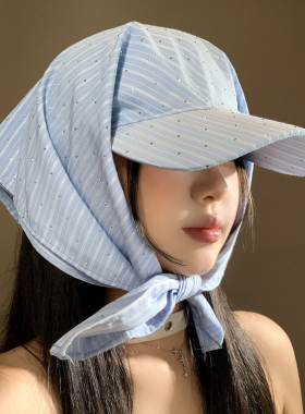 蓝色条纹水钻绑带头巾帽女夏薄款