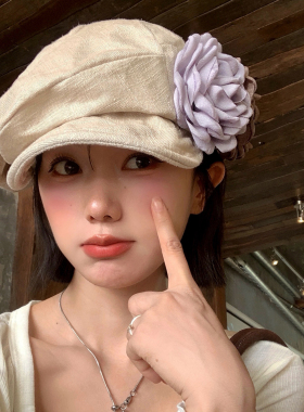 复古撞色花朵亚麻褶皱贝雷帽女