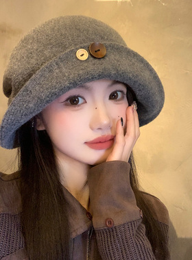 日系翻檐纽扣灰色渔夫帽女秋冬