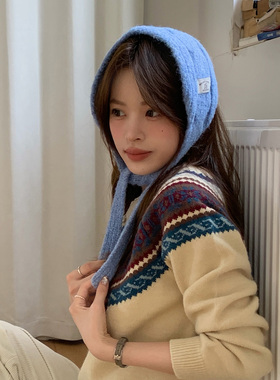 蓝色麻花纹针织耳罩女秋冬季韩系