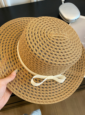 法式蝴蝶结平顶草帽女夏季镂空
