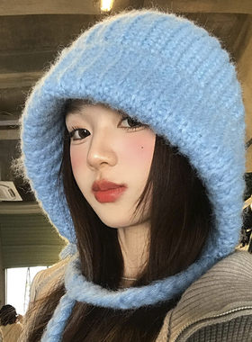 蓝色巴拉克拉法帽女冬加厚针织帽