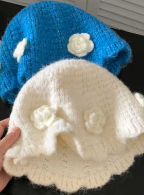 手工钩织花蓝色针织包头帽女秋冬