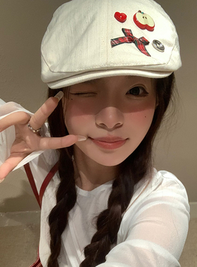 可爱蝴蝶结苹果白色前进帽女复古