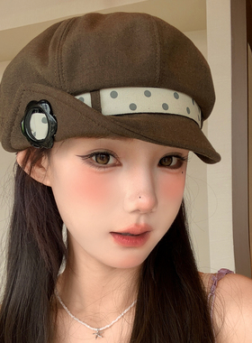 日系波点花朵翻檐八角贝雷帽女秋