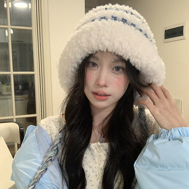 毛茸茸条纹针织毛绒帽女秋冬季保暖百搭帽子大头围显脸小护耳帽潮,淘宝优惠券,粉丝福利购,淘宝优惠卷