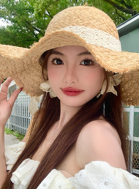 法式拉菲草帽女夏季大帽檐防晒帽