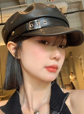 韩系复古PU皮质贝雷帽女夏季小众