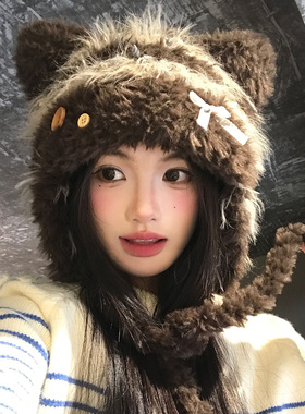 甜美可爱猫耳朵蝴蝶结毛绒帽子女