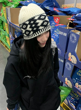 复古菱形格子毛线帽子女秋冬季