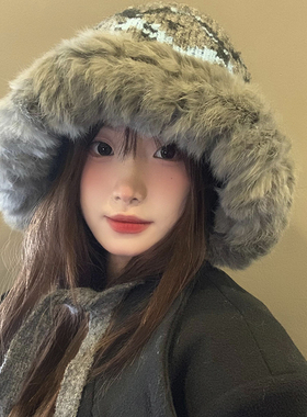 川西旅游兔毛针织毛绒帽女2026