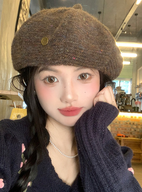 美拉德咖色针织贝雷帽女秋冬季