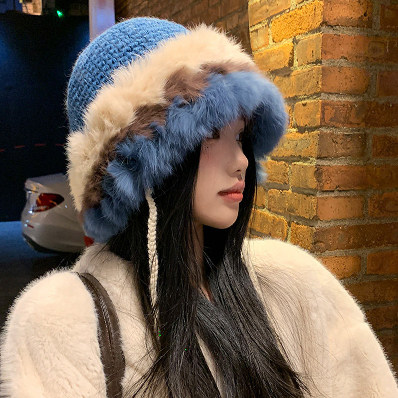 复古显白蓝色兔毛帽子女2025年冬季显脸小毛绒渔夫帽保暖拼色盆帽,淘宝优惠券,粉丝福利购,淘宝优惠卷