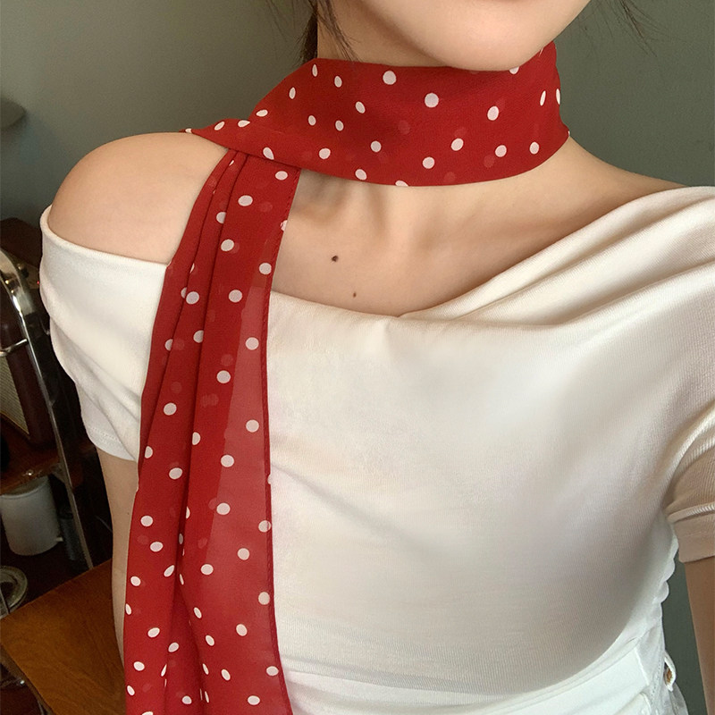 韩系波点红色长条丝巾女2025年春新款高级感气质百搭系脖飘带颈饰,淘宝优惠券,粉丝福利购,淘宝优惠卷