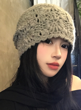 灰色针织花朵包头帽女秋冬大头围