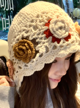 复古花朵手工钩花双层针织帽女