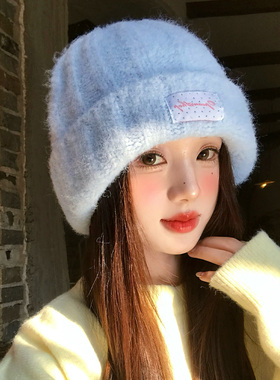蓝色毛绒针织帽女秋冬韩系大头围