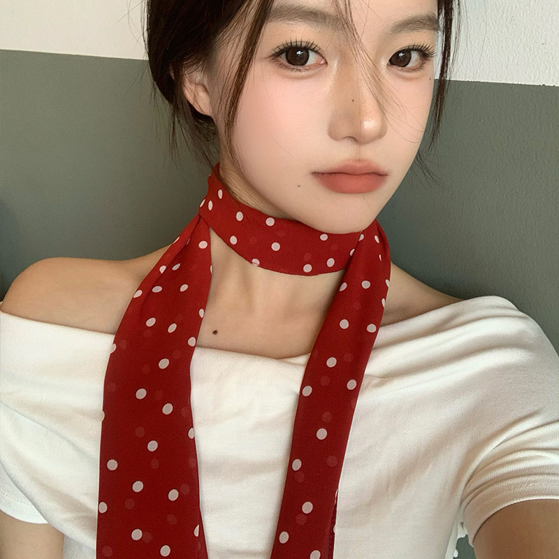 韩系波点红色长条丝巾女2025年春新款高级感气质百搭系脖飘带颈饰,淘宝优惠券,粉丝福利购,淘宝优惠卷