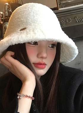 羊羔毛白色高级感渔夫帽女秋冬