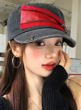 美式复古撞色拉链平顶帽子女街头