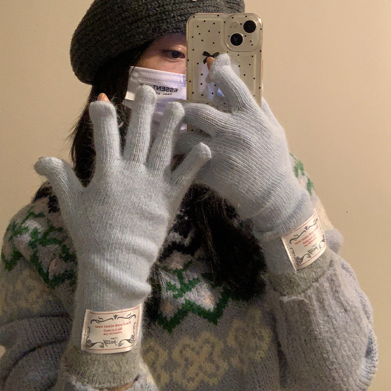 韩版贴布兔毛灰色针织手套女2025秋冬季分指保暖百搭可触屏骑行潮,淘宝优惠券,粉丝福利购,淘宝优惠卷