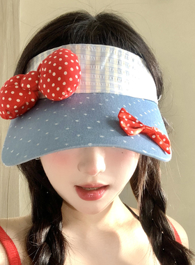 红色蝴蝶结波点格纹空顶帽女夏