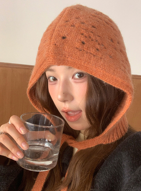 红色镂空绑带针织套头帽女秋冬季