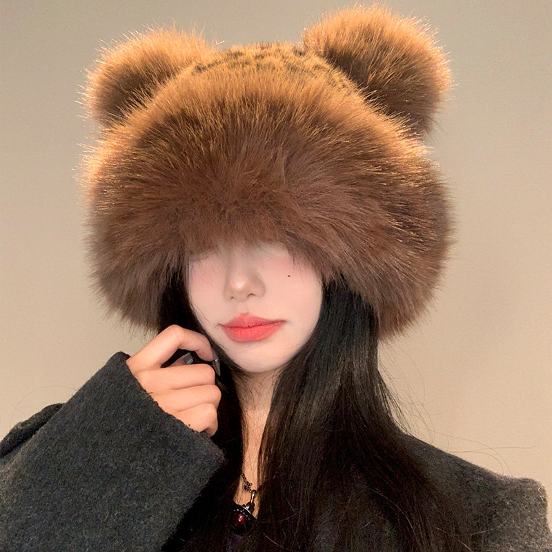 复古豹纹小熊耳朵毛绒蒙古帽女秋冬仿皮草渔夫帽子保暖护耳盆帽潮,淘宝优惠券,粉丝福利购,淘宝优惠卷