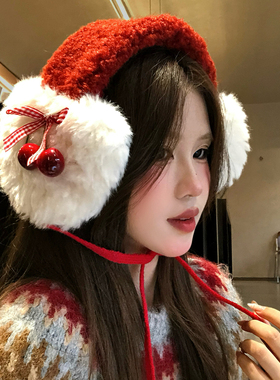 红色可爱樱桃蝴蝶结毛绒耳罩女秋