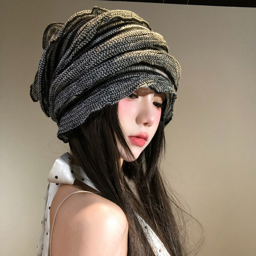 春夏条纹褶皱小众设计感套头帽女Y2K时髦冷帽堆堆帽薄款针织帽子 - 图2