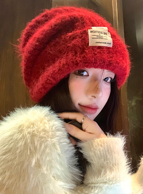 大头围红色毛线帽子女2026年秋冬