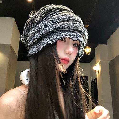 春夏条纹褶皱小众设计感套头帽女Y2K时髦冷帽堆堆帽薄款针织帽子 - 图3