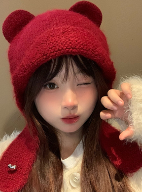 安可拉红色小熊耳朵针织毛线帽女