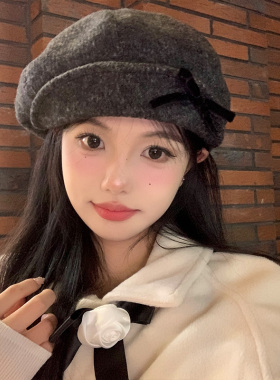 复古蝴蝶结灰色毛呢八角贝雷帽女