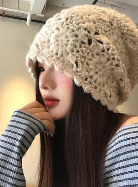 手工钩针花朵镂空针织包头帽女