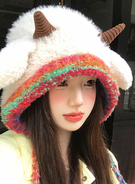 可爱小羊耳朵毛绒帽子女秋冬季