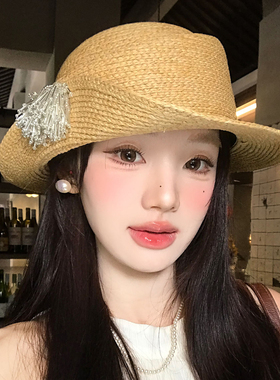 法式千金风烟花流苏卷边编织草帽