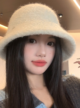 高级感白色针织毛绒渔夫帽女秋冬