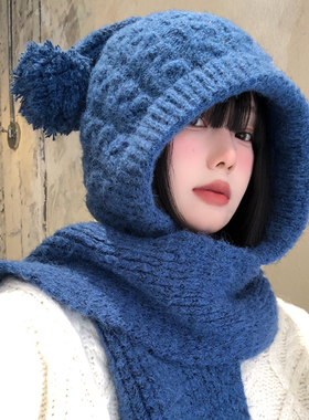 韩版可爱毛球蓝色巴拉克拉法帽女